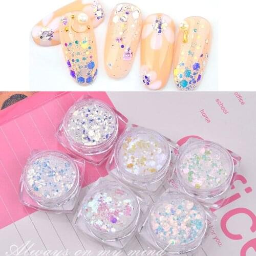 6Box(3ML jar) Nail Art Glitter Flake Powder Mixed-Hexagon-Design Chunky Ultra-thin Flake Dust Nail Tip Art Glitter 3D Flake 6Box