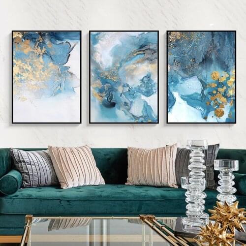 Modern Abstract Painting Blue and Golden Foils Wall Art Picure for Living Room Home Decor Print Sea Poster on Canvas Frameless