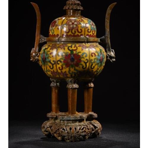 Tibet Temple Collection Old Bronze Cloisonne Enamel Flowers Lion head Three-legged incense burner Ornaments Town House Exorcism