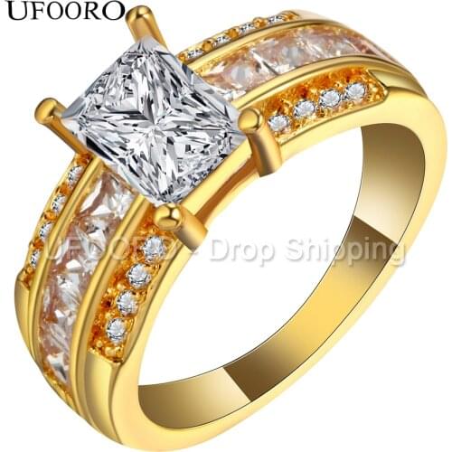 UFOORO Elagant Large Zirconia CZ wedding engagement Ring jewelry for women ladies gold color fashion jewellery free shipping