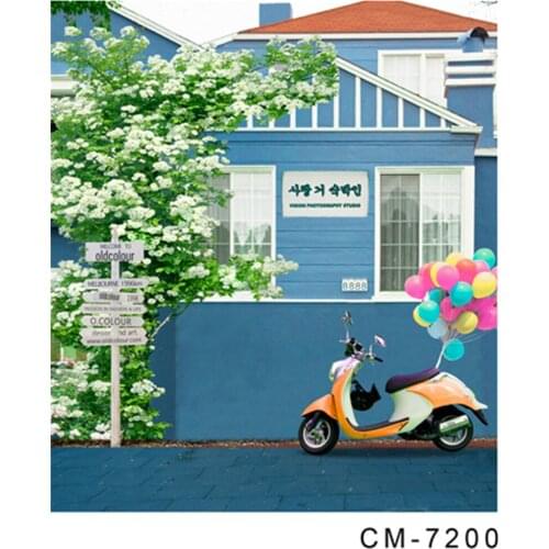 Vintage Blue Love House with Cute Car Backdrop for Wedding Photography Colorful Balloons White Flowers Background fotografia