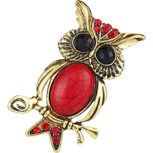 Wise Owl Bird Horned Animal Red Crystal Turquoise Vintage Animal Brooches