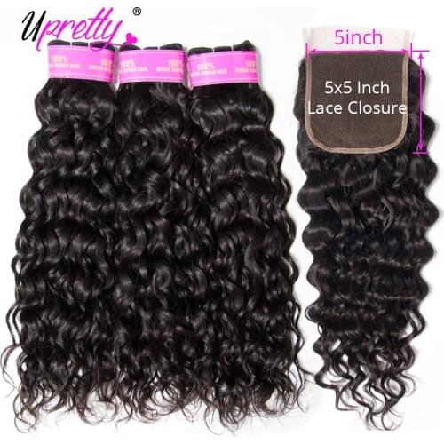 Upretty Water Wave Bundles With 5x5 Closure Brazilian Hair Weave Bundles Remy Human Hair 3 Bundles With 5x5 Lace Closure