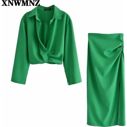 XNWMNZ Za 2021 Green Long Skirts Woman High Waist Pencil Skirt Women Elegant Pleats Midi Summer Skirt With Side Slit crop shirt