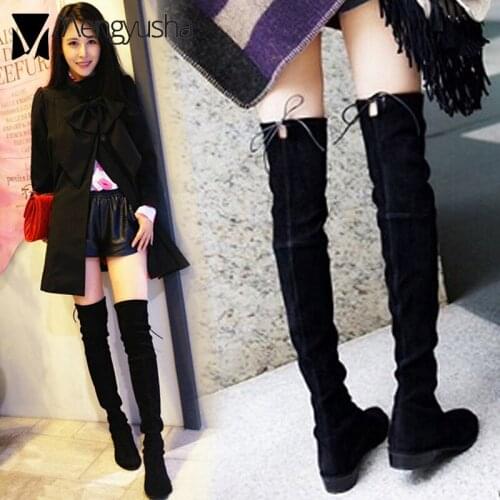 Women winter stretchy slim leg booties with plush warm round toe over the knee boots woman square heel platform shoes