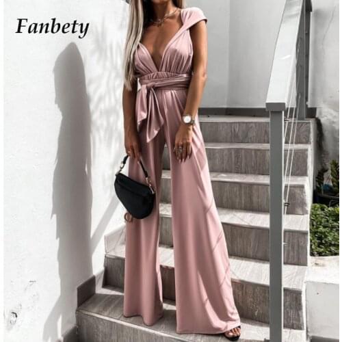 2021 Sexy Deep V Neck Solid Jumpsuit Summer Elegant Sleeveless Backless Romper Women Fashion Bandage Belt Wide Leg Playsuit XXL