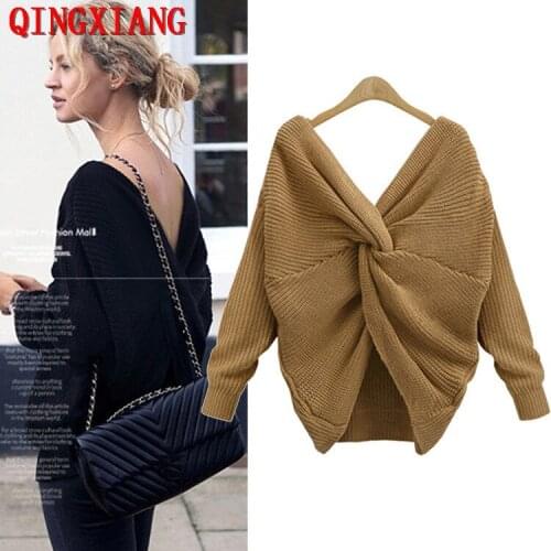 2021 Women Deep V Neck Tie Knot Solid Sweater Two Used Off Shoulder Pullover Backless Knitted Long Sleeves Short Out Knitwear