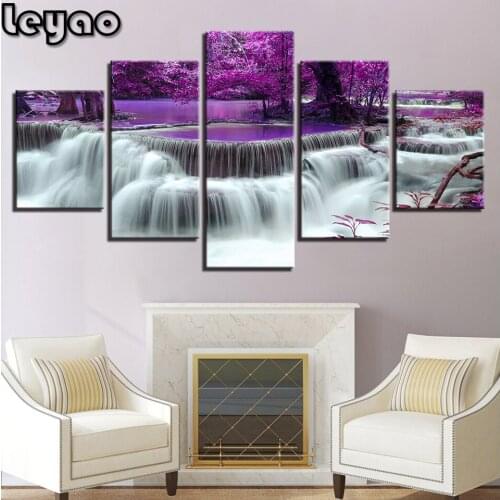 5d Diamond Painting 5 Pieces Purple Forest Tree Lake Waterfall Landscape Full Square Round 3d Diamond Embroidery Diamond Mosaic