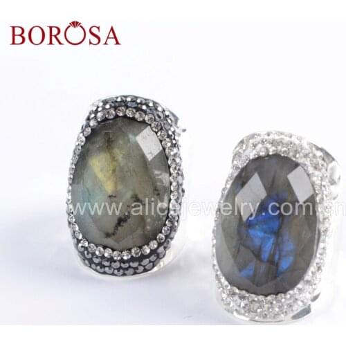 BOROSA 6PCS Silver Color Natural Labradorite Faceted Stone Druzy Ring Crystal Paved Black/White Zircons Gems Jewelry JAB945