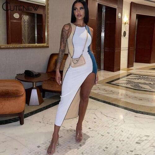 Cutenew Summer Rib Knit O-Neck Patchwork Long Dress Women Clothes Casual Skinny Stretch Split Fork Clubwear Y2K Lady Dresses Hot
