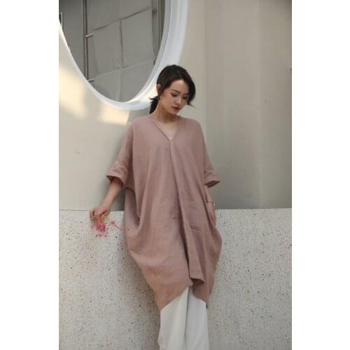 CHKESummer 2020 linen loose dress with V neck artistic short sleeve long dress | Flower field dress-04