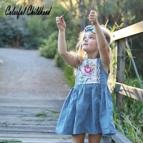 Blue Princess Vestido Infantil Lace Floral A-Line Baby Dress Cotton denim Cute Kids Girls Dresses Baby Girl Clothes for 2-6t