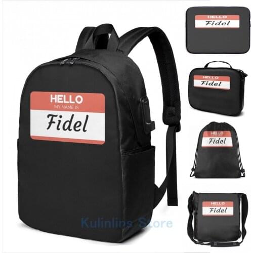 Graphic print Hello My Name Is Fidel Stick On Name Tag Gift For Someone USB Charge Backpack men School Travel laptop bag