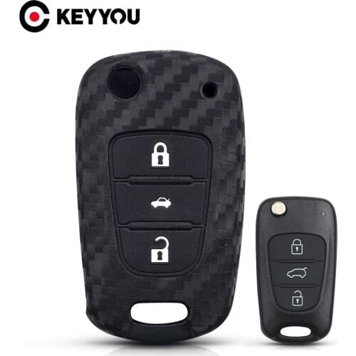 KEYYOU 3 Button Carbon Silicone Car Key Case For Hyundai Hyundai i30 i25 i40 IX25 Accent Elantra Solaris Verna Kia Rio K2 K5