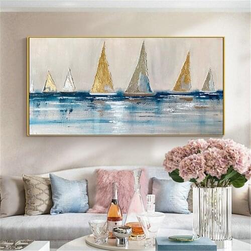 Hand-painted oil painting modern abstract home decoration painting living room wall canvas painting gold leaf art sailing ship