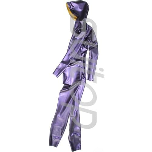 New arrived mens latex jumpsuit rubber catsuit with cap in metallic purple and gold