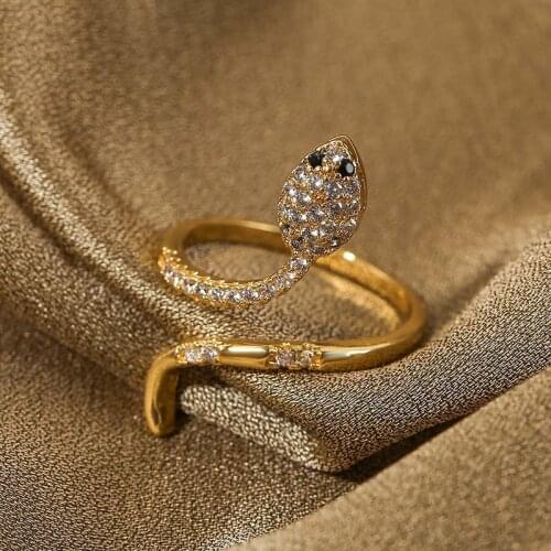 Trendy Simple Design Womens Gold Color Copper Metal Adjustable Opening CZ Cubic Zirconia Zircon Animal Snake Rings Jewelry Gift