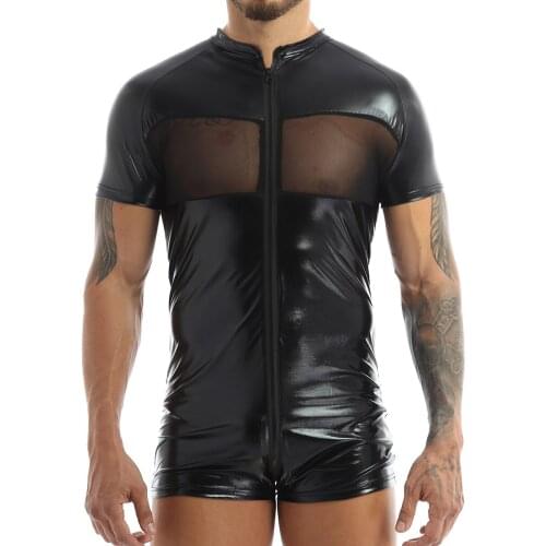 MSemis Mens Male Gay Fashion Bodysuit Shiny Jockstraps Pouch Mesh Patchwork Zippered Leotard Short Jumpsuit Costumes Clubwear