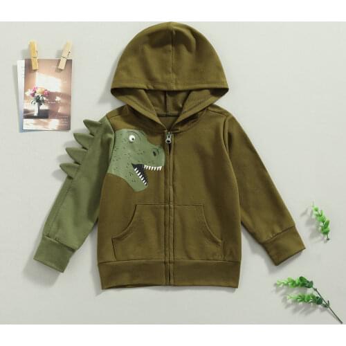 1-6 years solid hoodies Infant Dinosaur Pattern Hooded Sweatshirt Kids Color Block Long Sleeve Zipper Cardigan with Pockets