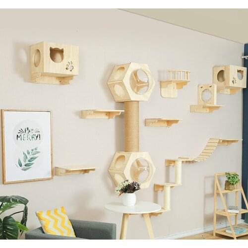 Solid Wood Wall-mounted Cat Litter Cat Tree Integrated Platform Springboard Climbing Ladder