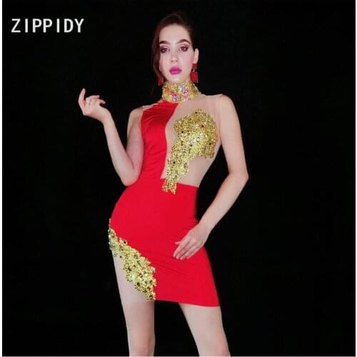 Gold Rhinestones Transparent Dress Latin Dance Bar Outfit Birthday Celebrate Dress Women Prom Singer Dancer Dress