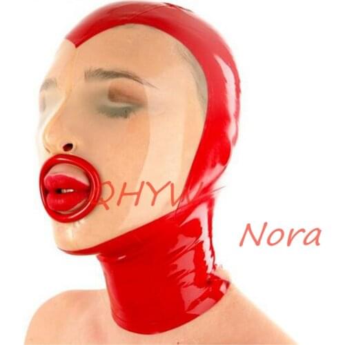 Sexy Handmade Latex Face Mask for Female Exotic Latex Full Breath Hole Hoods Mask Mouth with Red Circle Cekc Lingerie Uniform