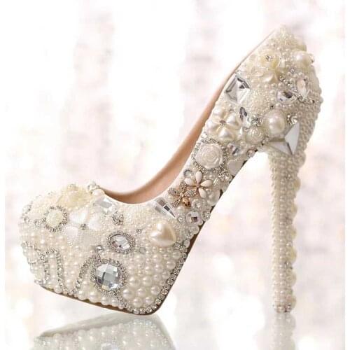 2019 new pearl rhinestone waterproof platform white bride crystal super high heel wedding shoes single shoes adult gift shoes