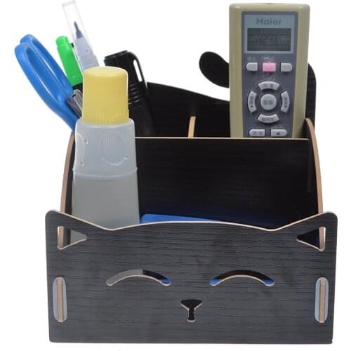 XRHYY Wood DIY Assemble Cute Cat Pen Pencil / Cosmetic Holder Desk Organizer for Home, Office (Black Color)