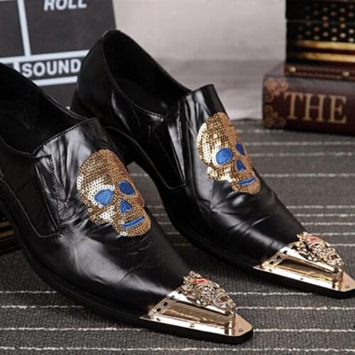 Christia Balla Personalized Fashion Mens Metal Carved Pointed Toe Shoes Sequins Terror Pattern Male Genuine Leather Party Shoes