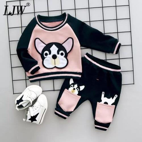 Childrens clothes boy girl suit preliminary baby clothing suit plus velvet thickening cartoon spotted puppy suit clothing
