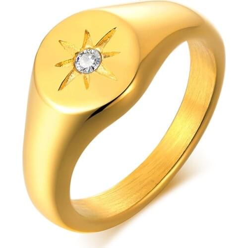 Cubic Zirconia Starburst Signet Ring for Women, Stainless Steel CZ Starlet Brand Stampt Rings Statement Jewelry