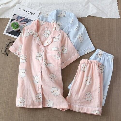 Summer Thin Cotton Gauze Womens Pajamas Short Sleeve Shorts Suit Sweet Lovely Cartoon Home Clothes Loose Two-piece Sleepwear