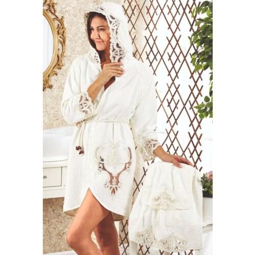 Bathrobe Set for Ladies Bamboo Quality Stylish Design Embroidered Head Towel Elegant fashionable Female Woman flr