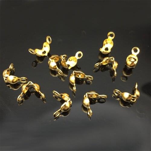 100pcs/lot Clam Shell Tips, Stainless Steel Bead Tips, Gold Clam Shell Tip Finding Connector, Bottom Clamp-on with 2 Closed Loop