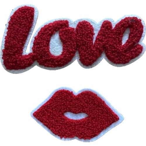 New Arrival 3D Red Chenille LOVE Lips Patches for Clothes Sew on Letters Mouth Embroidery Appliques 5pcs/lot