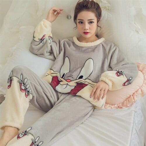 Pajamas women winter fleece love flannel home clothing cute cartoon Korean autumn long sleeve suit pajamas for women pink