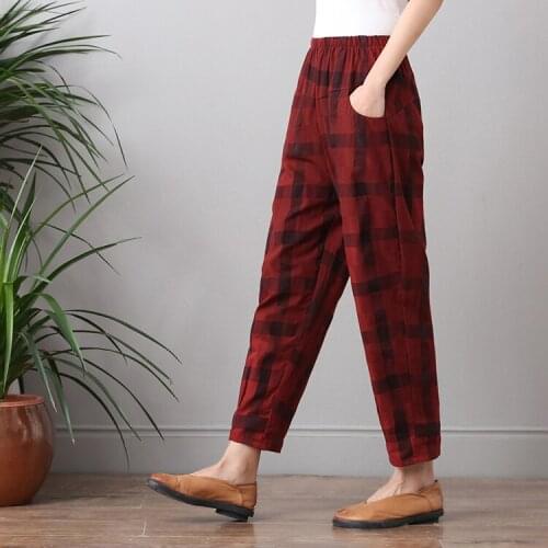 Sale Cotton Linen Casual Harem Plaid Pants Women Elastic High Waist Girls Plus Size Ankle-length Pants Trousers Pantalone Femme
