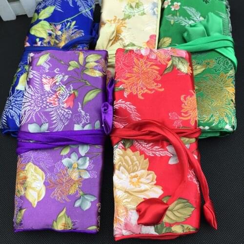 Luxury Bronzing Flower Folding Bag 3 Zipper Silk Brocade Travel Roll Up Makeup Bag Jewelry Storage Pouch Packaging Bags 5pcs/lot
