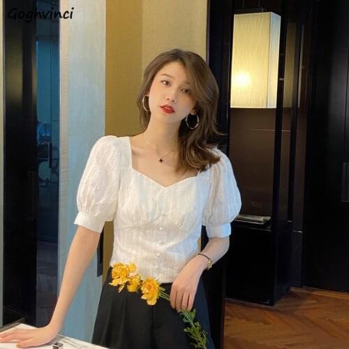 Shirts Women Puff Sleeve Square Collar Pullover Solid All-match Retro Sexy Womens Elegant Slim Fashion Sweet Street Wear Simple