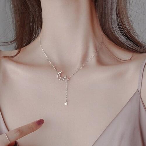 A Girl' New Simple Sweet Moon Star Long Pendant Necklace For Women Silver Temperament Gifts Clavicle Chain