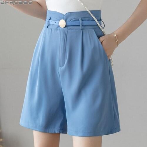 2020 Summer Casual Bermuda Shorts For Women Free Belt High Waist Woman Shorts Loose Wide Leg Short Femme Blue Black White Purple