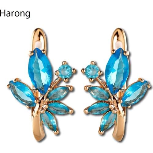 Classic Fashion Blue Crystal Zircon Earrings Leaf Flower Shape Natural Stone Stud Earring For Woman Quality Jewelry Wedding Gift
