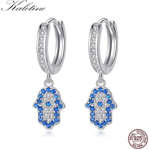 Kaletine 925 Sterling Silver Hamsa Drop Earrings for Women Blue Eye Lucky Turkish Earring Cubic Zircon Fashion Jewelry 2019