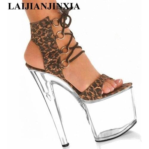 LAIJIANJINXIA Sexy Leopard Cross Straps Sandals Suede Women Pumps High With 20CM High Heels Transparent Sole Dance Shoes