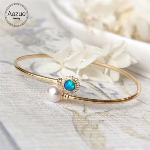 Aazuo 18K Yellow Gold Natual Blue Opal Okoya Pearl Real Diamonds Bangle gift for Women Girl friend Valentines Day Gift Au750
