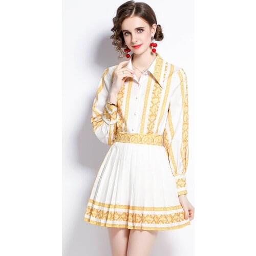 New Summer Golden Flower Print Two Piece Sets Women Lapel Collar Lantern Sleeved Shirt Top+ High Waist Pleated Skirt Suits