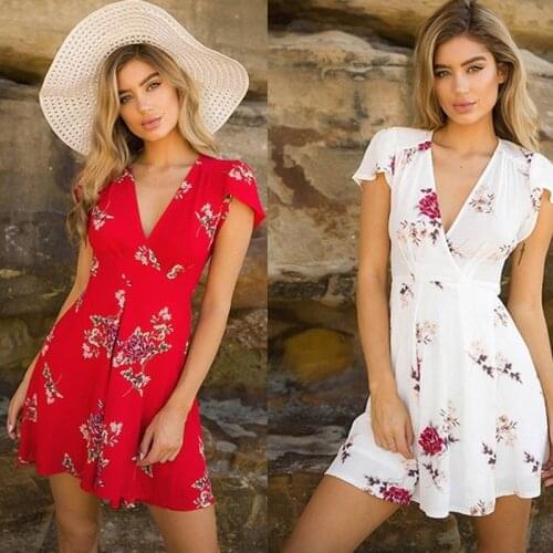 Womens Boho Beach Summer Sundress Casual Party Cocktail Short Sleeve Floral Dress elegant fashion v-neck harajuku vestido femme