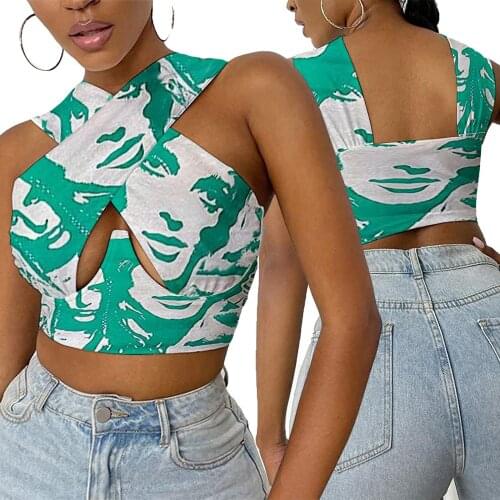Women Close-fitting Vest Top Female Printed Pattern Halter Neck Sleeveless Crop Tanks Tops, S/ M/ L/ XL/ XXL/ XXXL