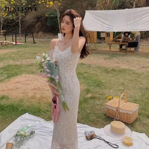 JuneLove 2021 Summer Sleeveless Elegant Dress Women Sexy Embroidery Lace Strap Dress Office Lady Evening Party One Piece Dress
