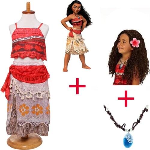 2018 Summer child Moana Dress for girls Vaiana Princess Dresses Kids Party Cosplay Costumes With Wig necklace Children Clothing